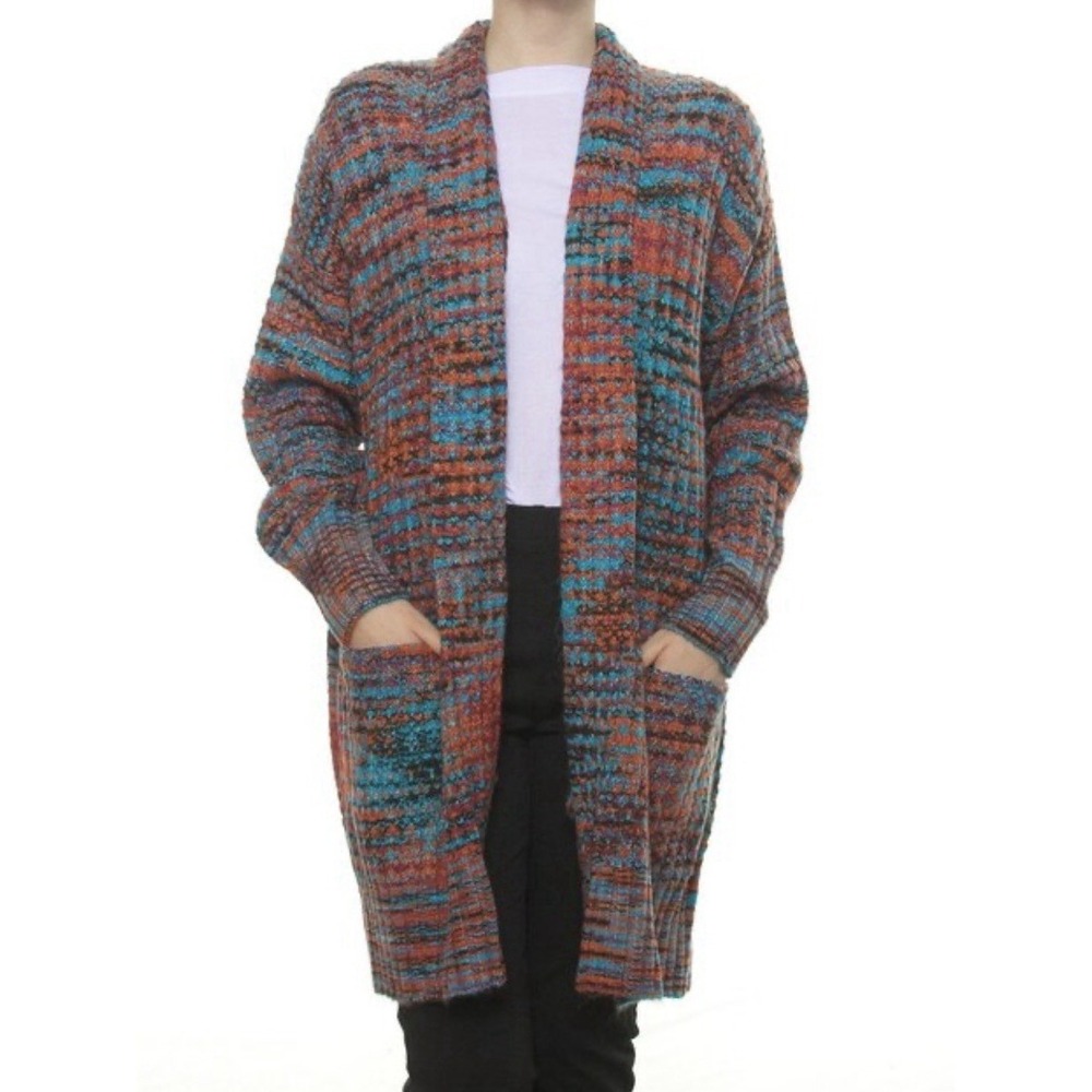 Black Tape XS Open Front‎ Knit Cardigan Boho Colorful Long Sweater Pockets Gypsy